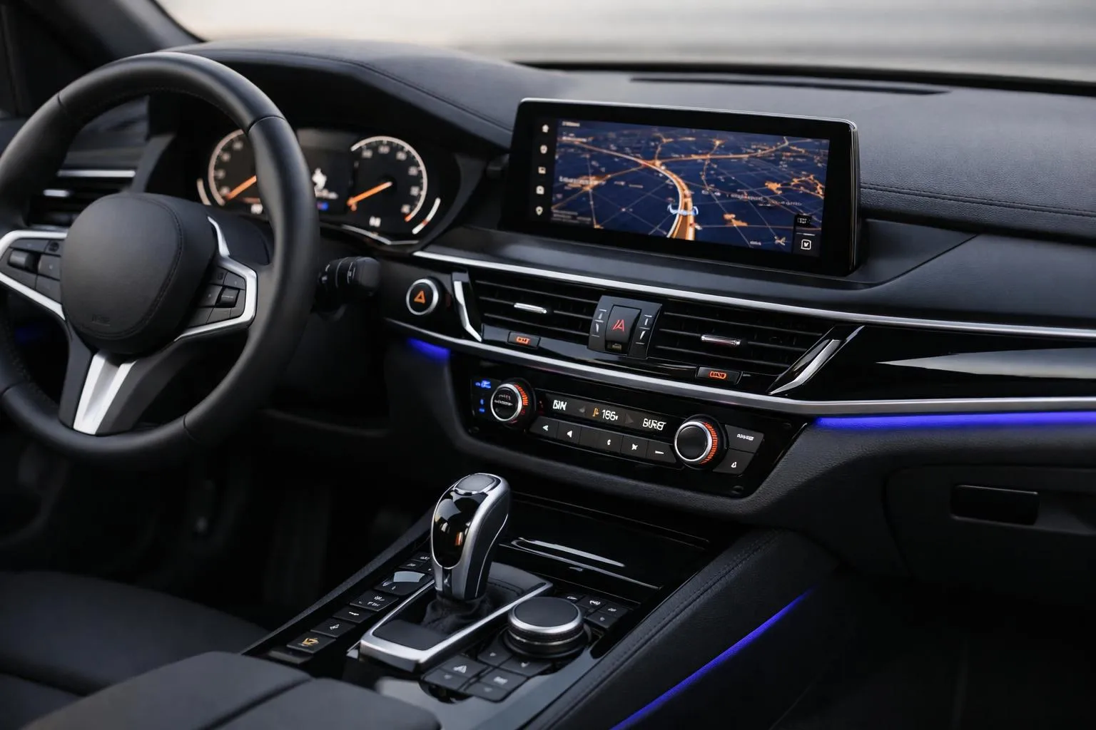 Modern car dashboard with navigation display and controls.