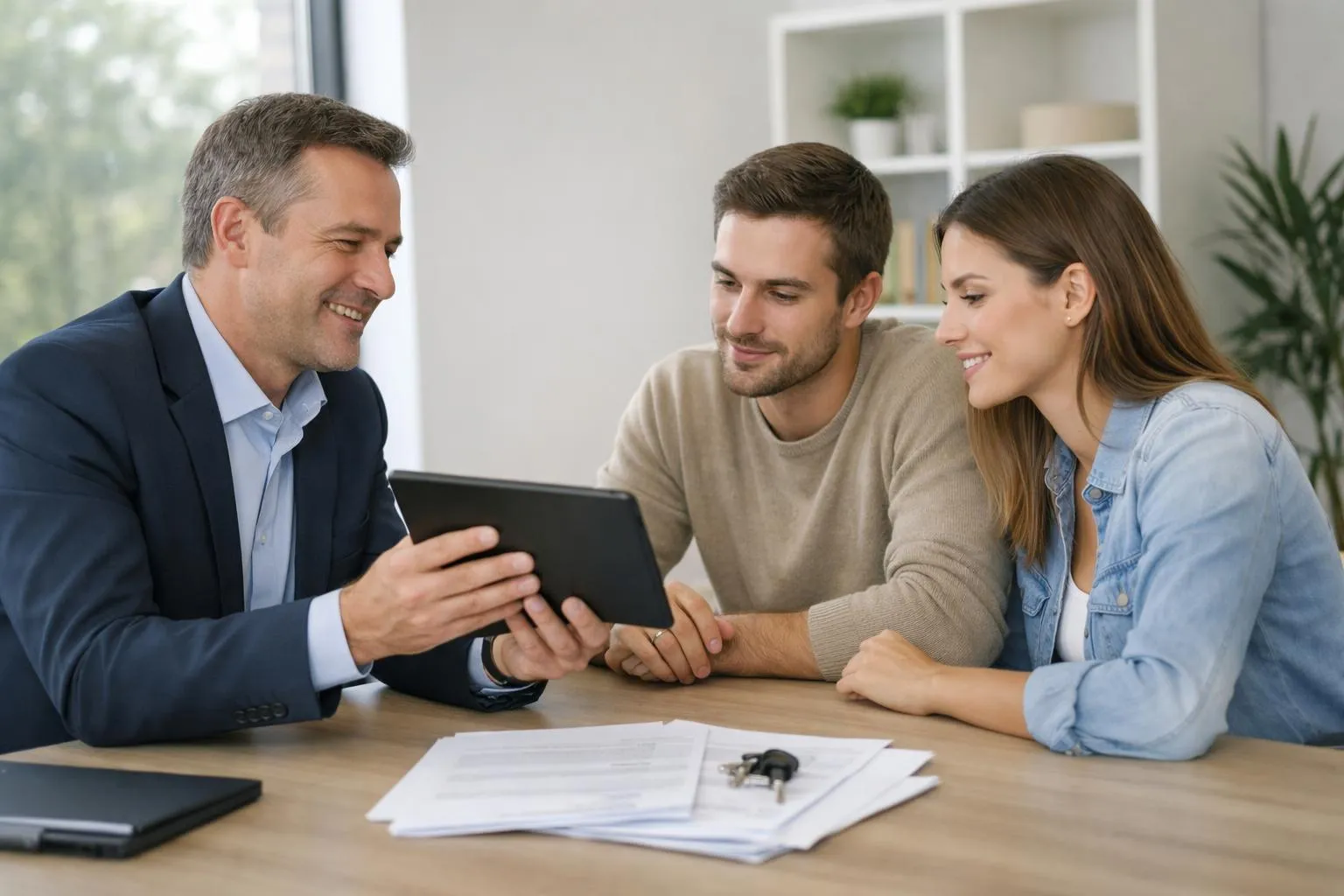 Conseiller bancaire présentant des solutions de financement sur tablette à un jeune couple primo-accédant dans un bureau lumineux moderne, documents de prêt immobilier visibles sur le bureau, ambiance professionnelle et rassurante, lumière naturelle, décor épuré blanc et bois clair, photo réaliste éditoriale pour magazine immobilier français