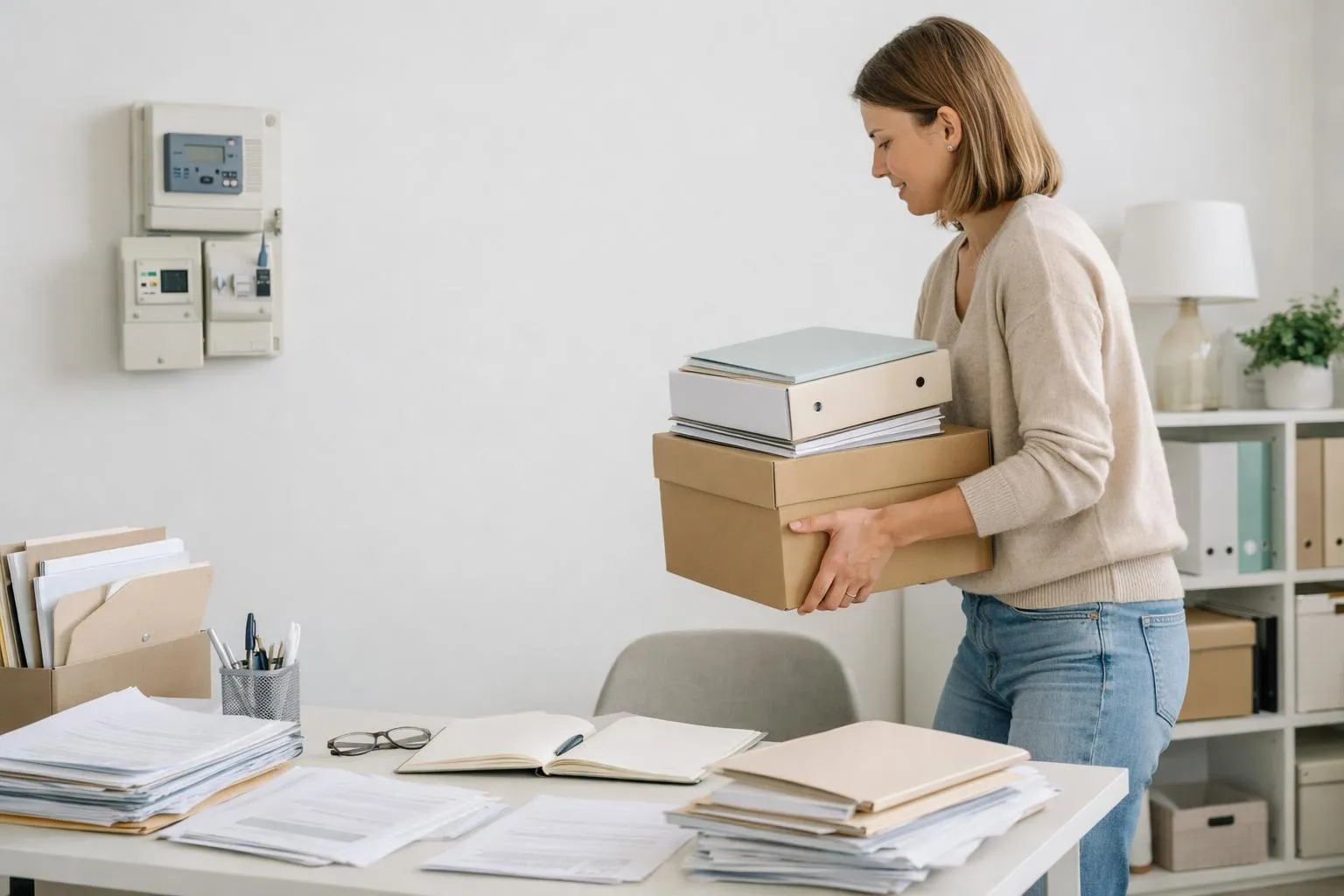 A woman carrying boxes in an office environment with paperwork on the desk.