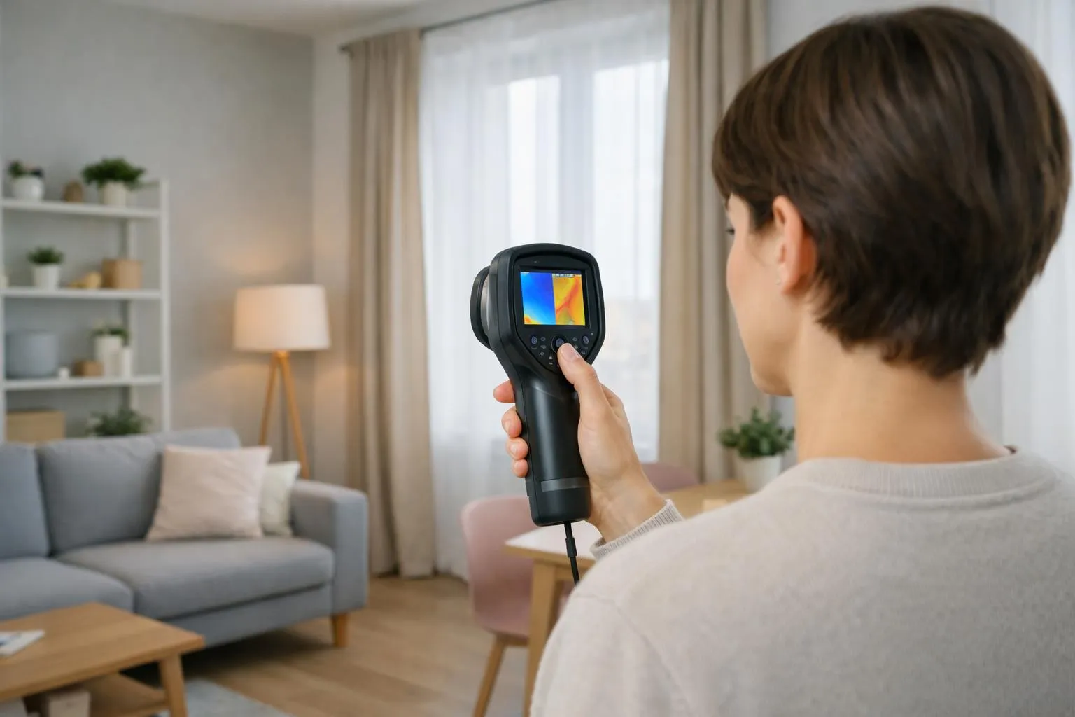 Person holding a thermal imaging camera in a living room.
