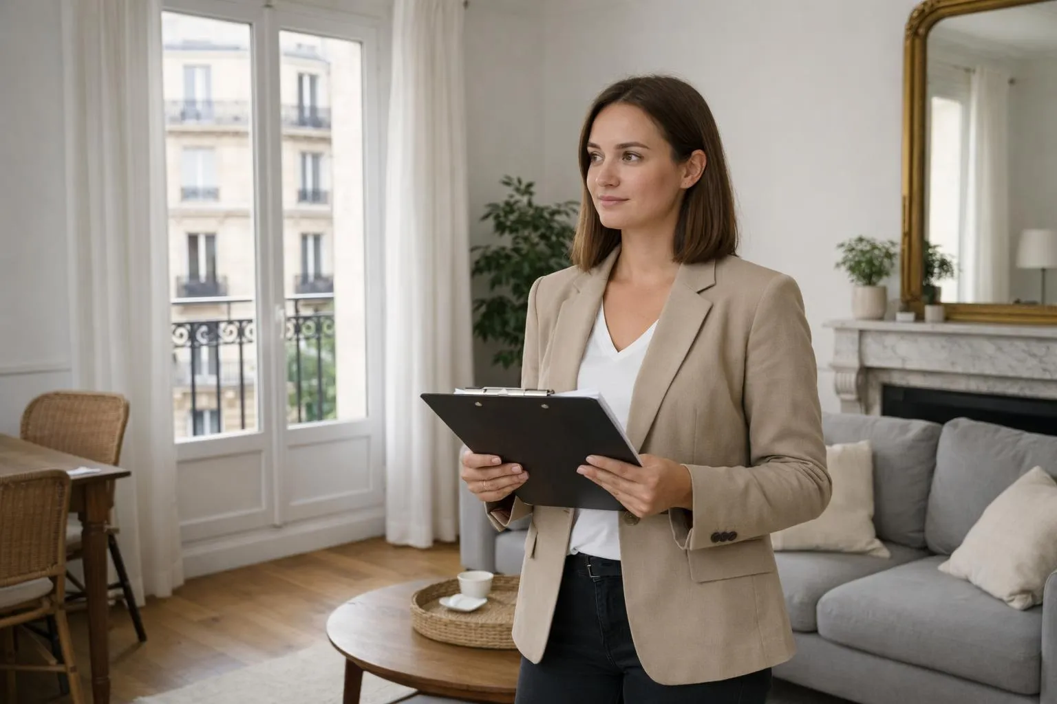 Intérieur d'un appartement parisien moderne lors d'un état des lieux d'entrée, avec une jeune femme entre 30 et 40 ans tenant un document de contrat de location dans une main et un smartphone dans l'autre, debout dans un salon lumineux aux murs blancs avec parquet en bois clair, baie vitrée donnant sur des immeubles haussmanniens, cartons de déménagement empilés en arrière-plan, ambiance professionnelle et sereine, lumière naturelle du matin, style photo réaliste éditoriale, aucun texte visible, aucun logo.