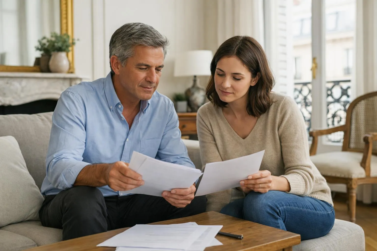 Propriétaire et locataire assis face à face dans un salon lumineux d'appartement parisien, examinant ensemble un contrat de bail et des documents officiels posés sur une table basse en bois clair, ambiance professionnelle et rassurante, lumière naturelle traversant les fenêtres, intérieur haussmannien avec parquet et moulures, aucun texte visible