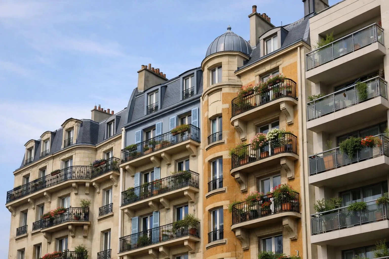 Vue comparative d'immeubles résidentiels dans différentes villes françaises, alternant architecture haussmannienne (Saint-Étienne) et habitat moderne (Mulhouse), avec façades colorées et balcons fleuris. Scène en journée ensoleillée, perspective légèrement en contre-plongée montrant la diversité architecturale des villes à fort rendement locatif. Lumière naturelle douce, palette beige-ocre-gris-bleu, aucune présence humaine. Style photographique éditorial pour magazine immobilier, cadrage équilibré entre tradition et modernité urbaine. Aucun texte visible dans l'image, aucun logo, aucun watermark.