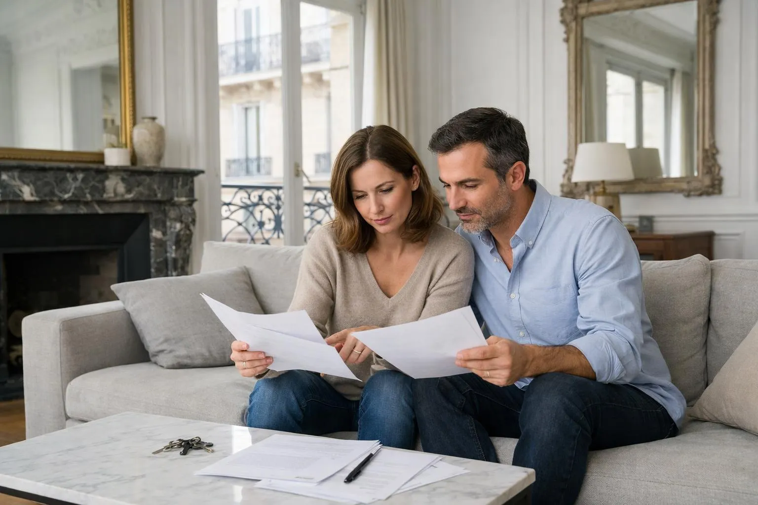 Intérieur d'un appartement haussmannien rénové avec salon lumineux et parquet en bois clair, couple entre 35 et 50 ans assis à une table basse en train d'examiner des documents financiers et un relevé de revenus locatifs, lumière naturelle entrant par de grandes fenêtres, ambiance professionnelle et sereine, décoration élégante avec canapé beige et plantes vertes, style photo réaliste éditoriale pour magazine immobilier, couleurs neutres et chaleureuses, aucun texte visible dans l'image