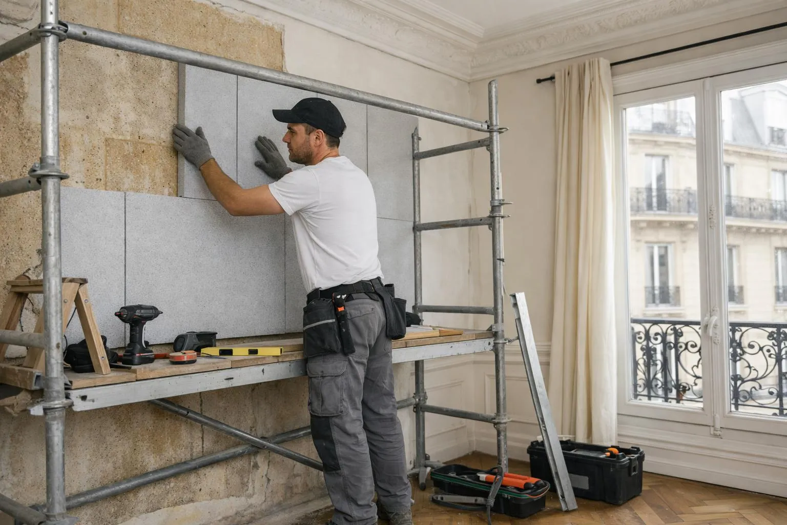 Intérieur d'un appartement haussmannien parisien en cours d'isolation thermique, avec artisan installant des panneaux isolants sur un mur, échafaudage dans un salon aux moulures apparentes, chantier soigné avec outils professionnels visibles, lumière naturelle entrant par une grande fenêtre, ambiance de rénovation active et organisée dans un immeuble ancien typiquement parisien