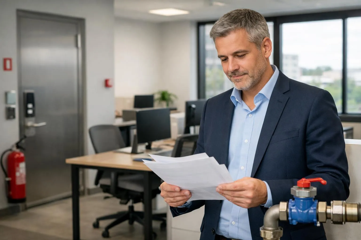 Homme d'affaires mature dans un bureau, examinant attentivement des documents.