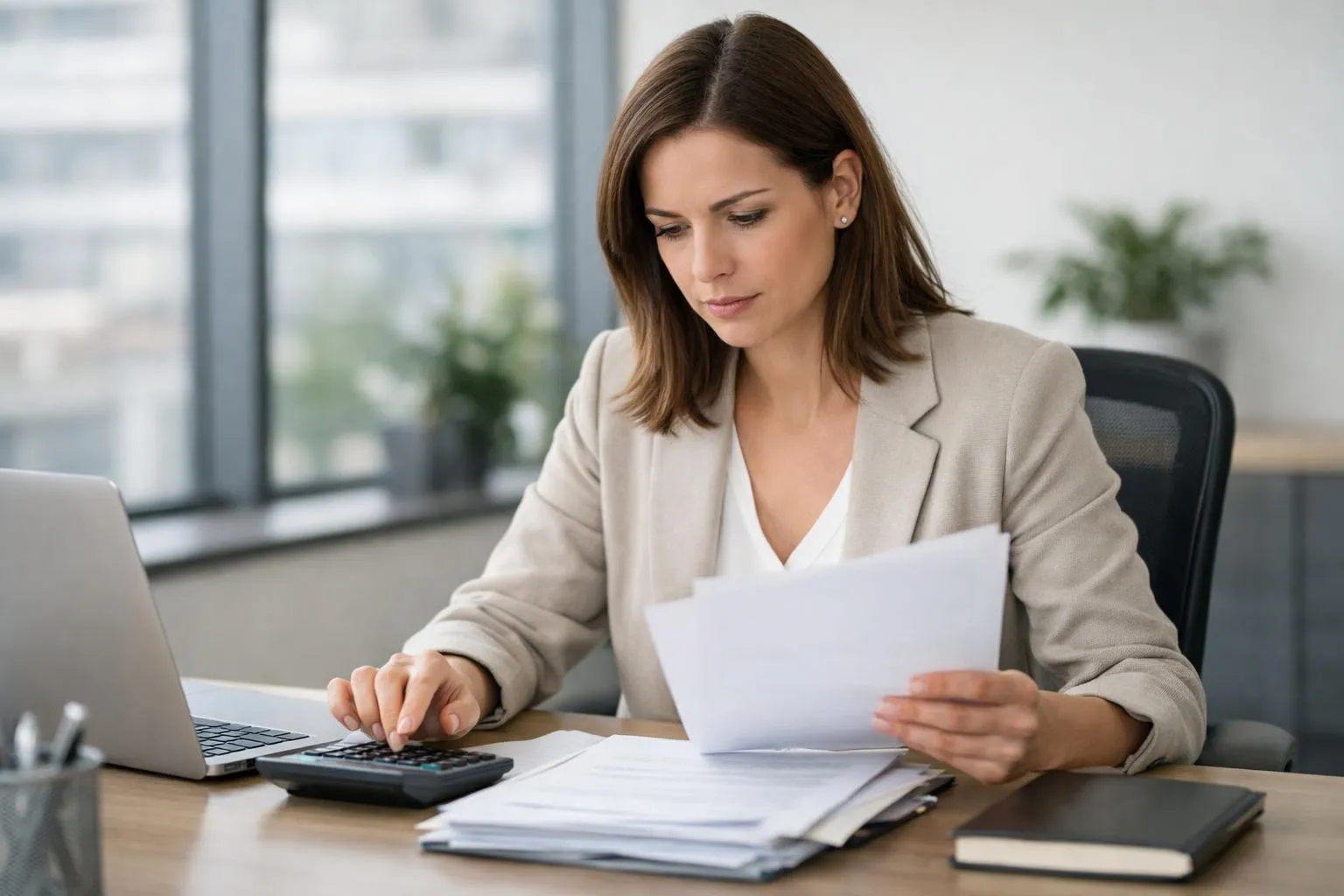 Femme d'affaires concentrée examinant des documents sur son bureau.