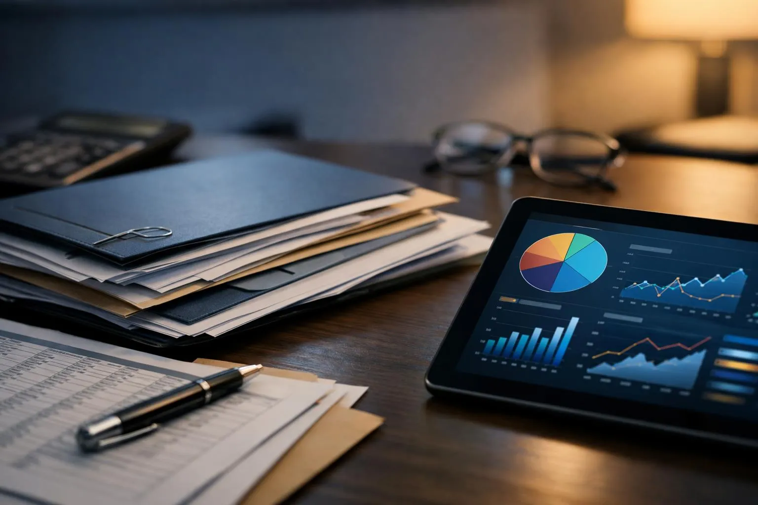 Desk with documents, calculator, tablet displaying financial data, and eyeglasses.