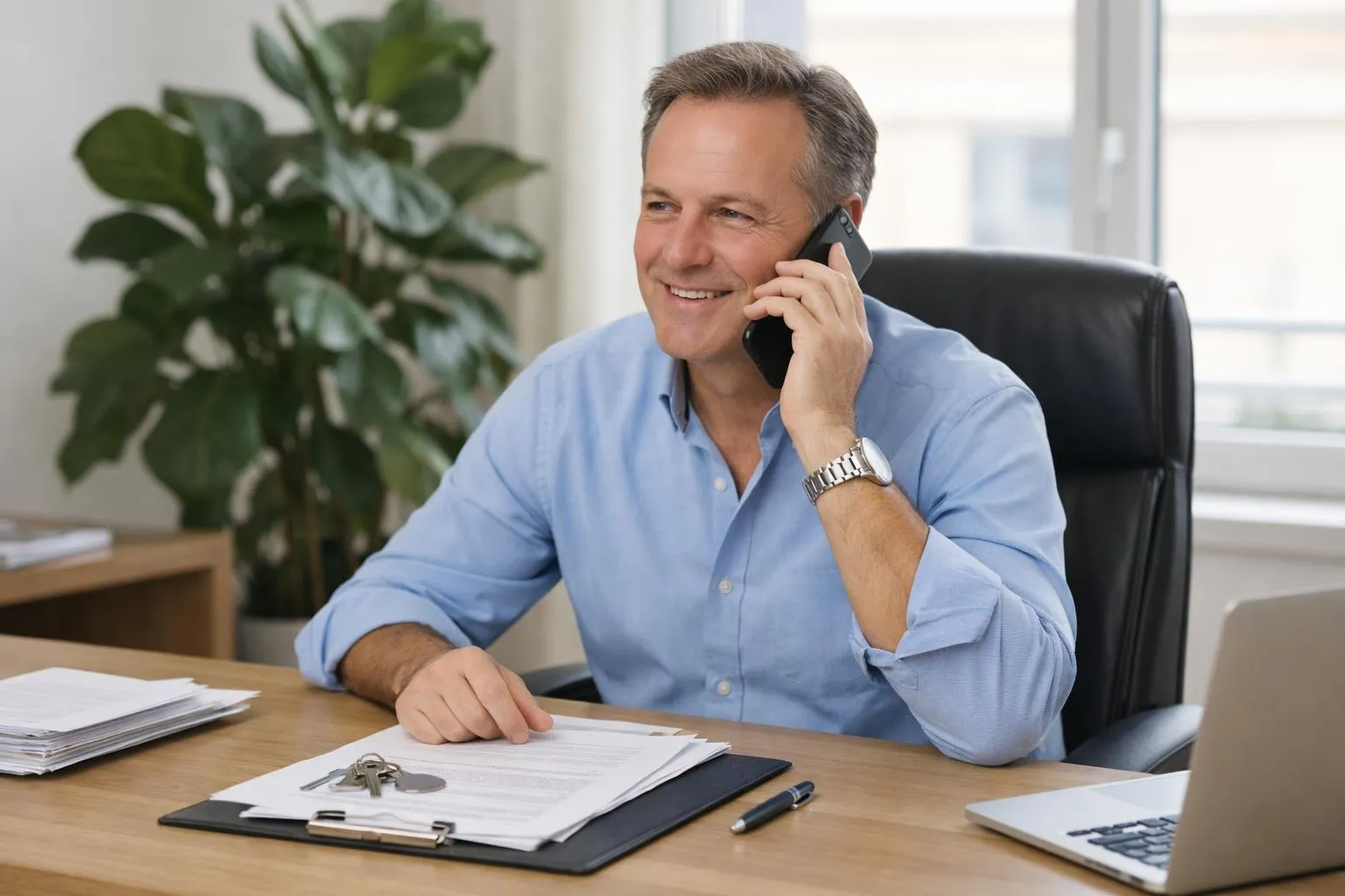 Propriétaire d'appartement parisien dans un bureau lumineux avec vue sur immeubles haussmanniens, passant un appel téléphonique professionnel avec smartphone moderne, calendrier de loyer visible sur ordinateur portable, documents de contrat de location sur le bureau en bois clair, plante verte en arrière-plan, ambiance rassurante et professionnelle, lumière naturelle douce, style photo réaliste éditoriale immobilier, aucun texte visible