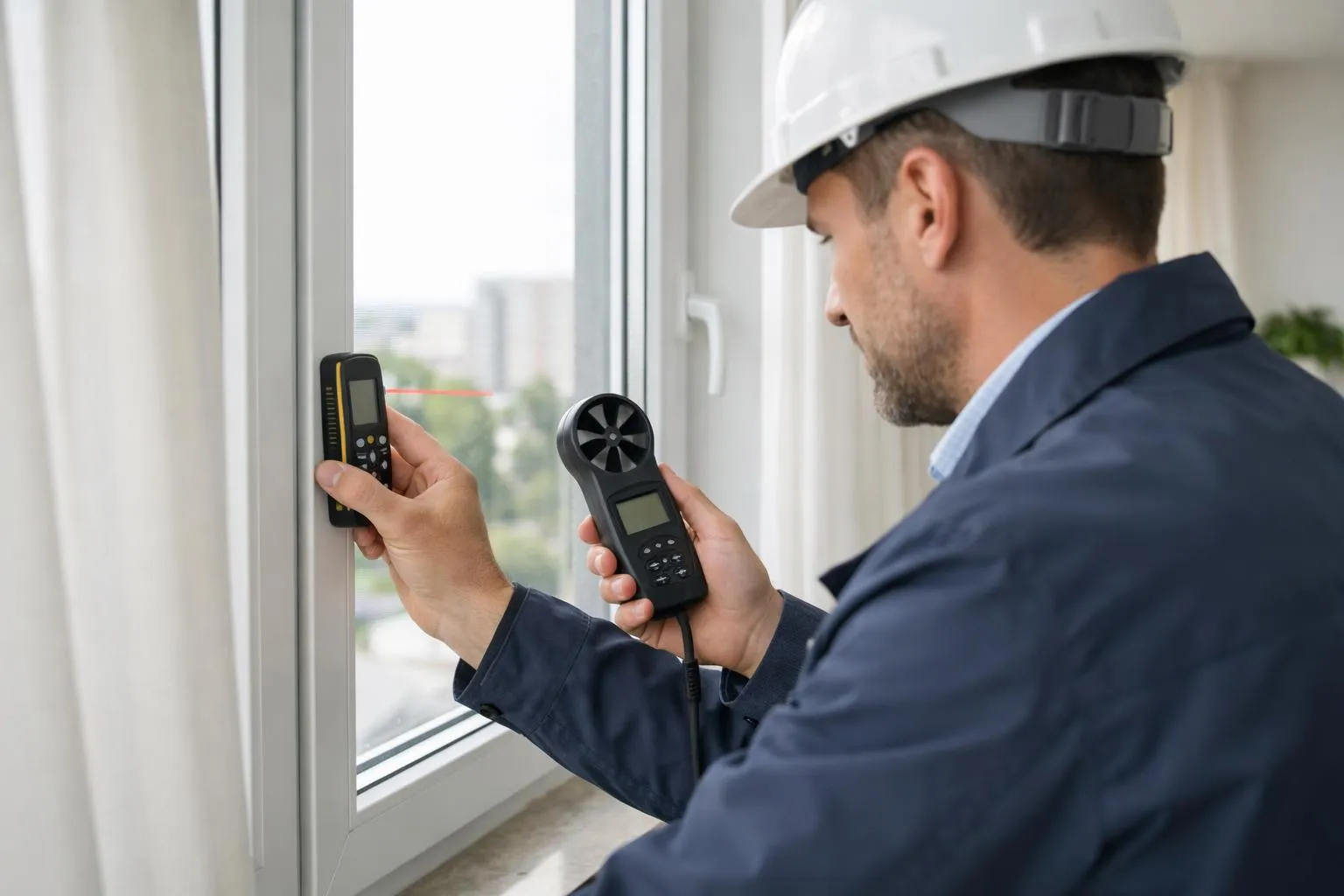 Professionnel certifié avec équipement de mesure thermique examinant une fenêtre d'appartement en présence du propriétaire, intérieur résidentiel français lumineux avec radiateur visible, ambiance professionnelle et rassurante, photo réaliste en lumière naturelle, style magazine immobilier, aucun texte visible