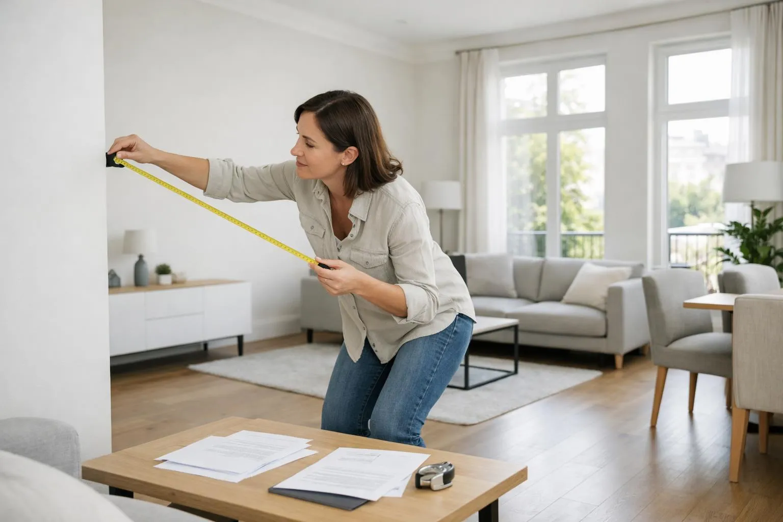 Interior of a bright French apartment showing spacious living room with parquet flooring, high ceilings, large windows with natural light, modern furnishings, person examining room measurements with measuring tape, documents on coffee table, professional and reassuring atmosphere, realistic photo style, neutral elegant colors