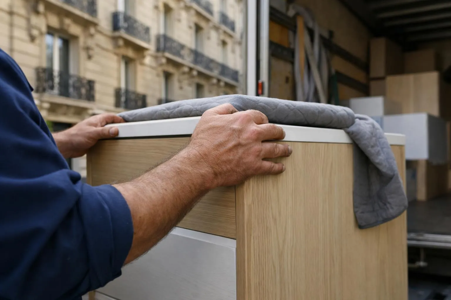 Déménageurs professionnels en uniforme chargeant des cartons et des meubles dans un camion stationné devant un immeuble haussmannien parisien. Scène en journée, lumière naturelle, rue pavée typique avec façades en pierre, balcons en fer forgé. Deux professionnels portent un canapé beige vers le véhicule, plusieurs cartons empilés sur le trottoir. Ambiance professionnelle et organisée, couleurs réalistes (gris pierre, beige, bleu marine des uniformes). Composition claire montrant l