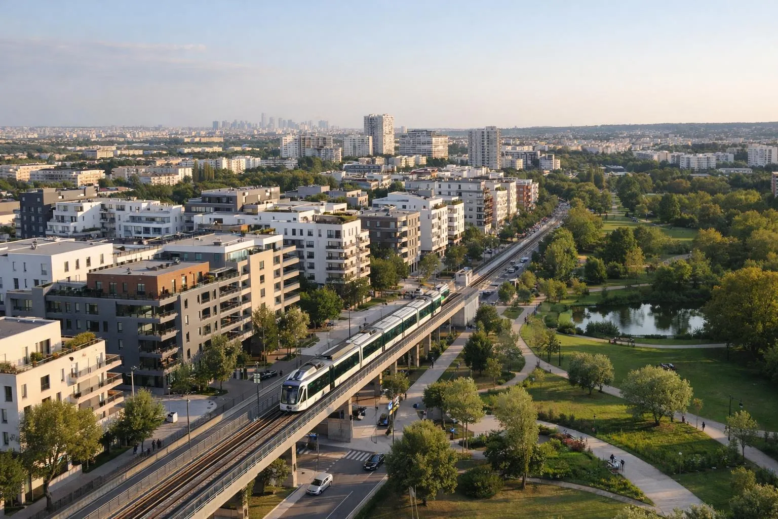 Vue aérienne réaliste d'une ville de banlieue parisienne moderne avec immeubles résidentiels récents, ligne de tramway ou métro visible, quartier en développement urbain. Plan large montrant infrastructures de transport (gare, rails), espaces verts aménagés, mix d'habitat collectif et zones commerciales. Lumière naturelle de fin d'après-midi, atmosphère dynamique d'une commune francilienne en expansion. Ambiance professionnelle et optimiste, illustrant le potentiel d'investissement immobilier dans les villes de petite et grande couronne parisienne. Photo réaliste type reportage urbain, composition éditoriale claire, couleurs naturelles (gris, vert, beige). Aucun texte, logo, panneau ou watermark visible dans l'image.