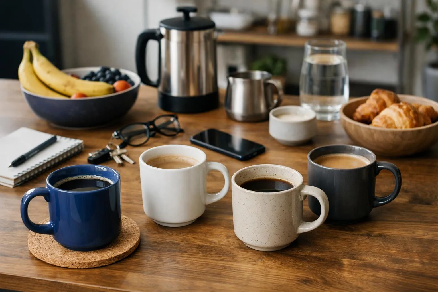 Petit-déjeuner confortable avec café, croissants et fruits.