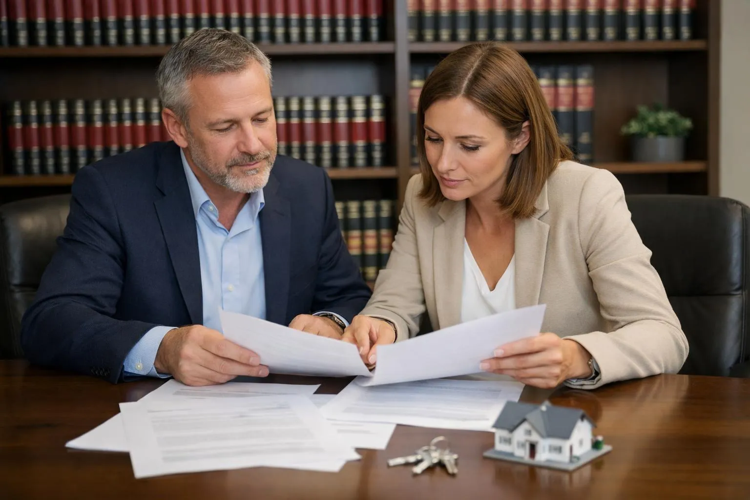 Deux personnes dans la trentaine assises à une table de bureau moderne devant un notaire, examinant ensemble des documents immobiliers et un trousseau de clés posé sur la table, ambiance professionnelle et rassurante, lumière naturelle, intérieur contemporain français avec bibliothèque de droit en arrière-plan, aucun texte visible