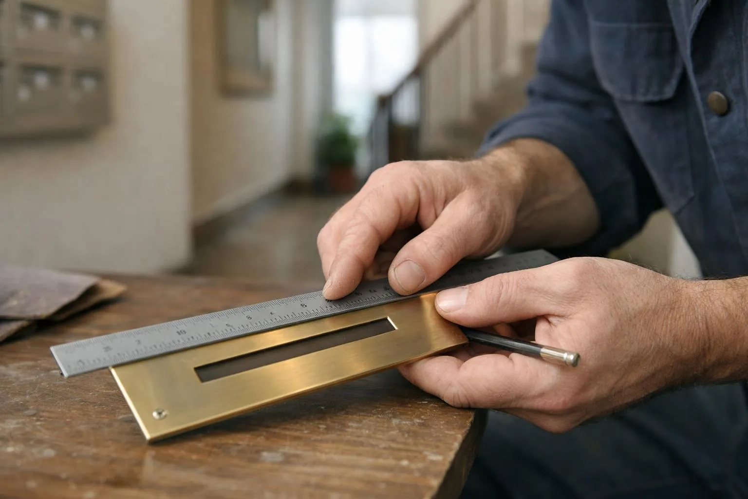 Close-up of hands using a metal ruler to measure a rectangular mailbox nameplate placed on a residential apartment mailbox, with apartment building interior visible in background, soft natural light, realistic photo style showing proper sizing considerations for readability