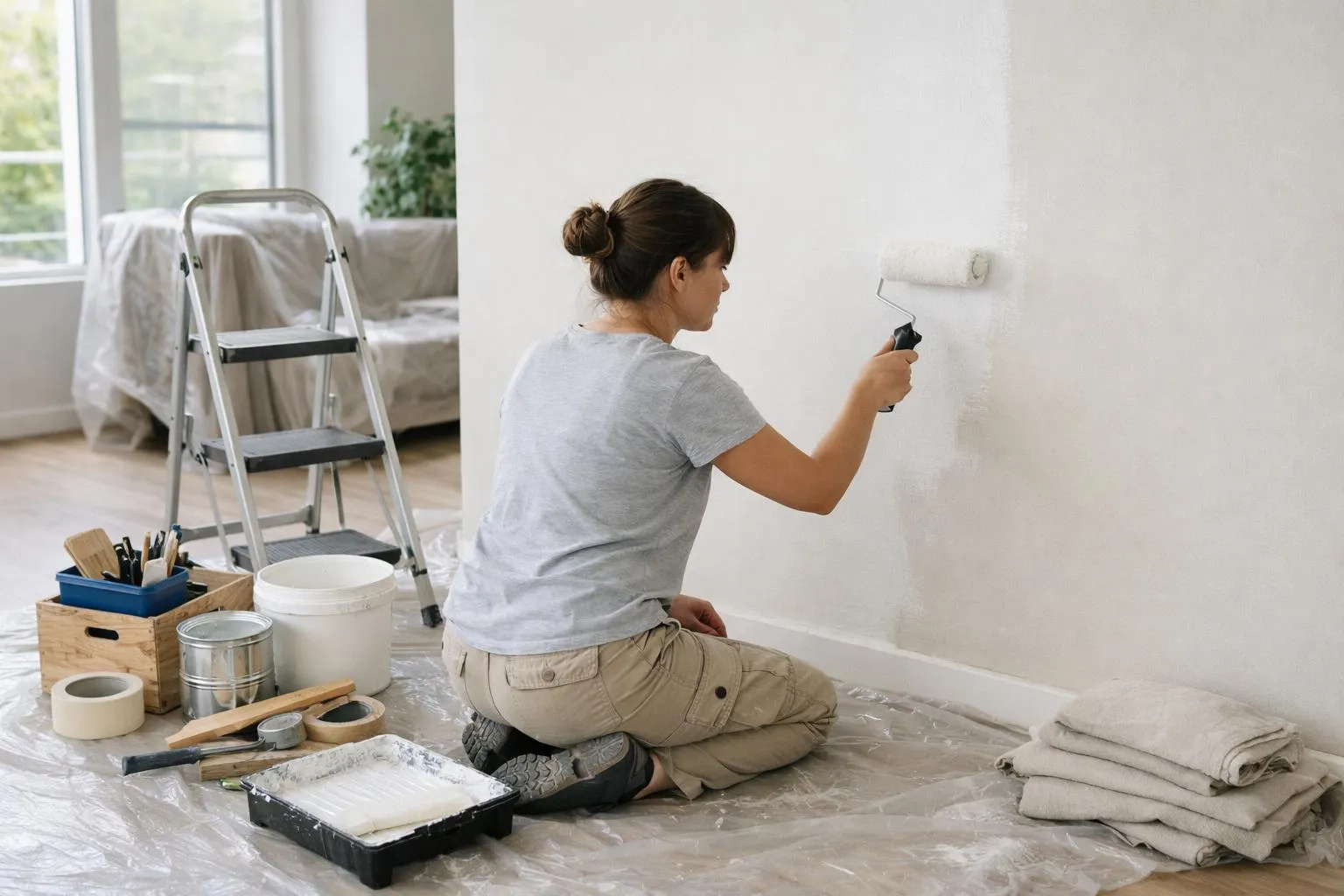 Scène réaliste d'un petit appartement parisien en cours de rénovation à budget maîtrisé: personne entre 30 et 45 ans appliquant de la peinture murale blanche, pots de peinture ouverts au sol, matériaux organisés (rouleaux, pinceaux, bâches de protection), parquet brut partiellement posé, lumière naturelle douce entrant par fenêtre, ambiance de chantier propre et méthodique, intérieur urbain français, atmosphère professionnelle et rassurante, style photo réaliste, couleurs neutres (blanc, gris clair, bois naturel), aucun texte visible.