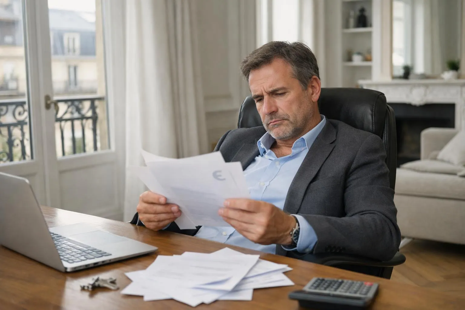 Homme d'affaires concentré examinant des documents sur son bureau.