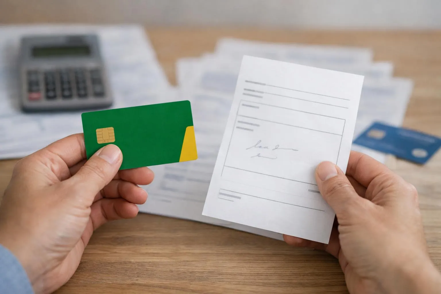 Calculatrice, carte de crédit verte et jaune, formulaire papier sur un bureau en bois.
