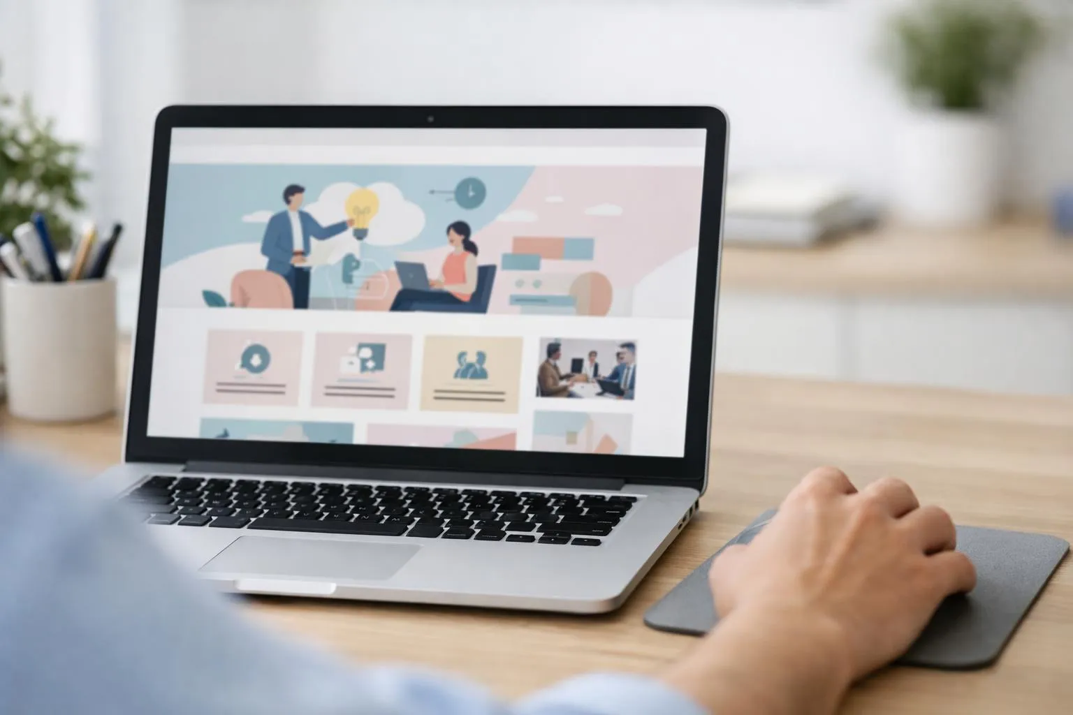 Ordinateur portable affichant des icônes et illustrations liées aux affaires et à la collaboration.