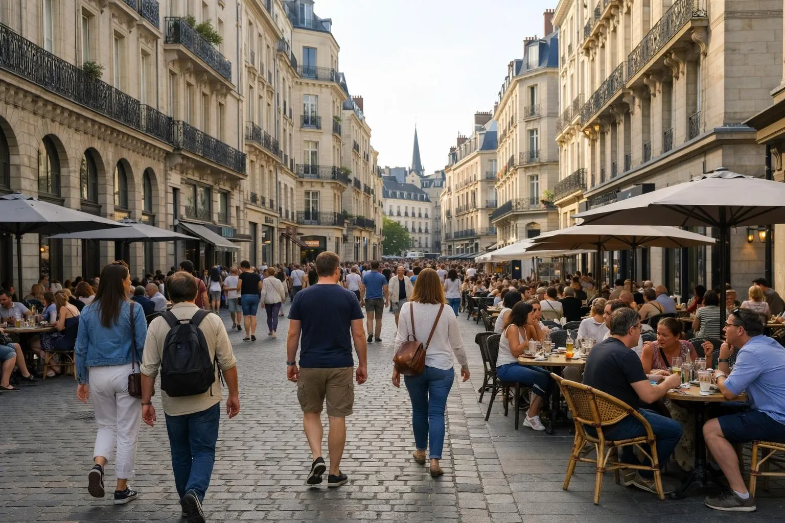 Foule animée dans une rue pavée de Paris, avec des cafés et des boutiques.