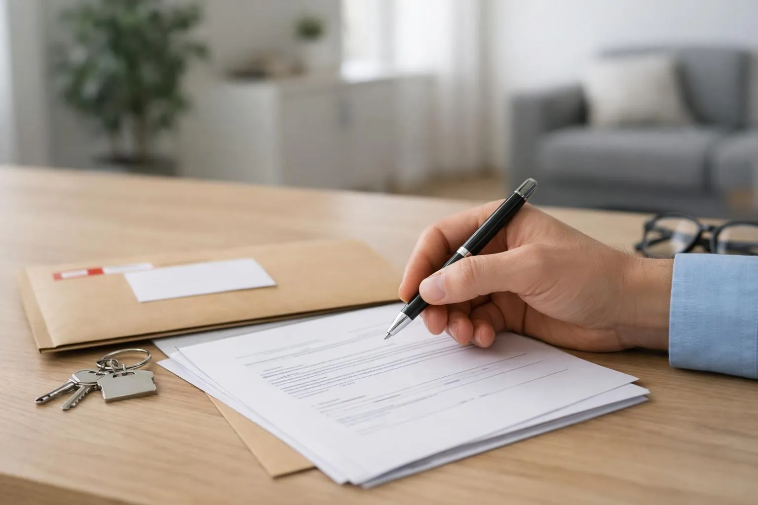Scène réaliste d'un bureau d'appartement parisien moderne avec lumière naturelle, montrant une main tenant un stylo au-dessus d'une lettre recommandée officielle posée sur un bureau en bois clair, à côté d'un contrat de bail et d'une enveloppe avec accusé de réception visible, ambiance professionnelle et rassurante, couleurs neutres beige et blanc, pas de texte visible dans l'image