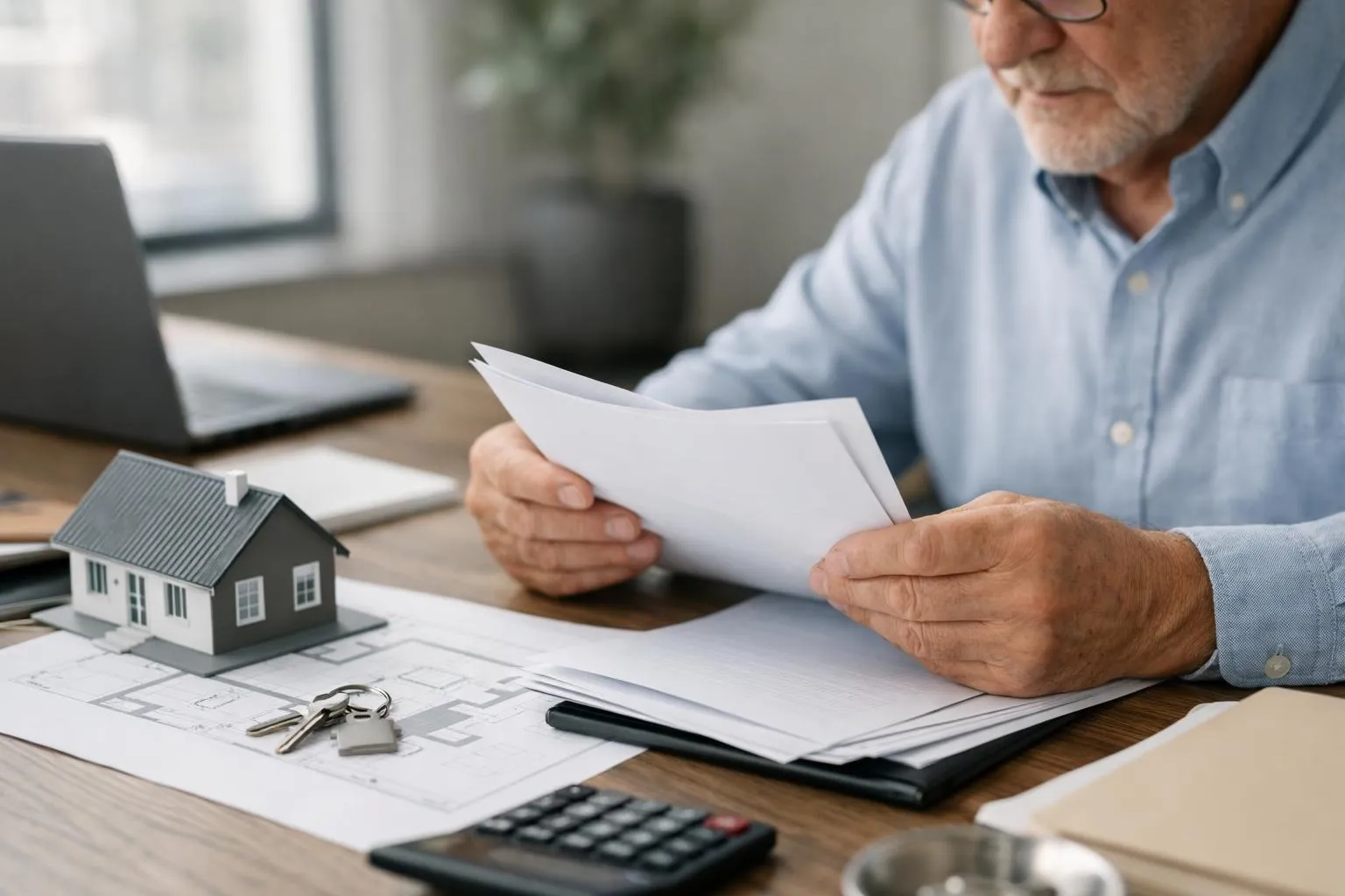 Propriétaire français entre 40 et 55 ans assis à un bureau moderne dans un appartement haussmannien lumineux, examinant un contrat de location et une attestation d'assurance habitation posés sur la table, ordinateur portable ouvert à côté, lumière naturelle douce filtrant par une grande fenêtre, ambiance professionnelle et rassurante, couleurs neutres beige et blanc, style photo réaliste éditoriale pour magazine immobilier, aucun texte visible, aucun logo