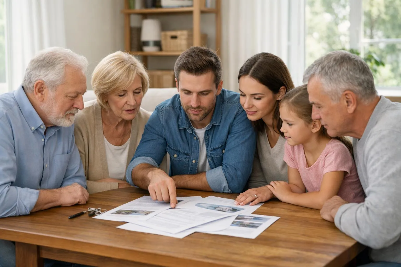 Scène réaliste d'une famille multigénérationnelle de trois générations assise autour d'une table en bois clair dans un salon lumineux avec parquet et grandes fenêtres, examinant ensemble des documents notariés et plans d'appartement étalés devant eux, ambiance sereine et collaborative, lumière naturelle douce, intérieur haussmannien moderne aux tons beige et blanc, aucune personne ne regarde la caméra, concentration sur les papiers, style photo éditoriale professionnelle pour magazine immobilier français, aucun texte visible