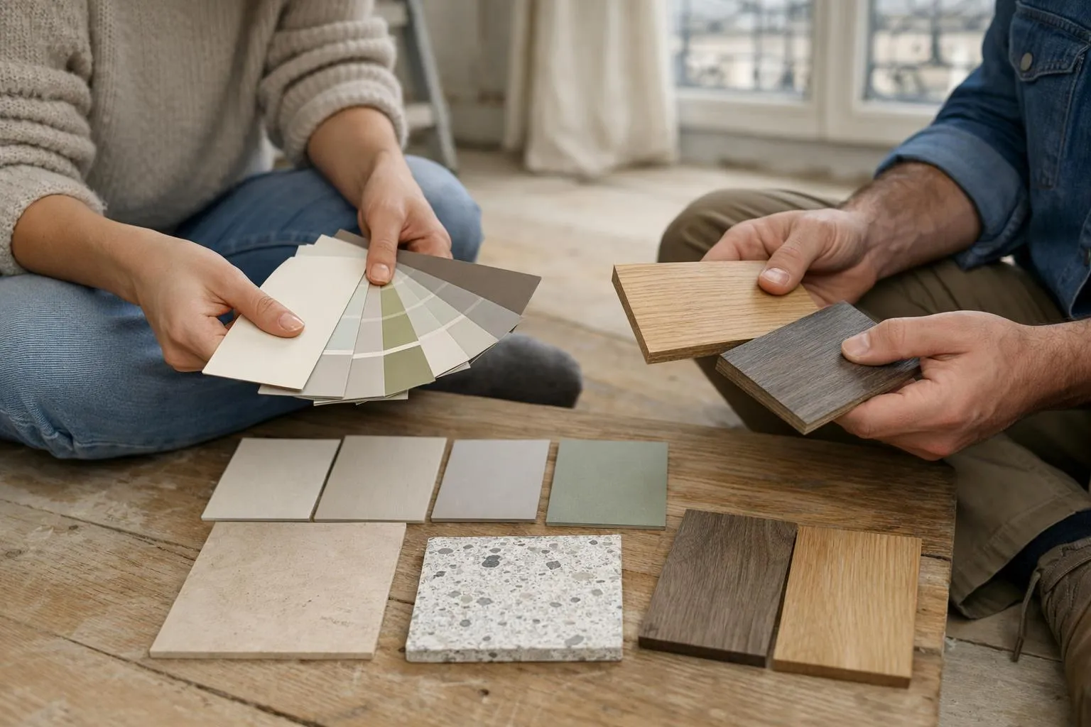 Scène intérieure d'appartement parisien en cours de rénovation, vue sur un couple entre 35 et 45 ans examinant des échantillons de peinture et de revêtements de sol posés sur une table basse en bois clair, arrière-plan avec murs partiellement repeints en blanc cassé, parquet ancien à rénover, lumière naturelle entrant par une fenêtre haussmannienne, ambiance sereine et professionnelle, pas de texte visible, style photo réaliste avec couleurs neutres beige et gris