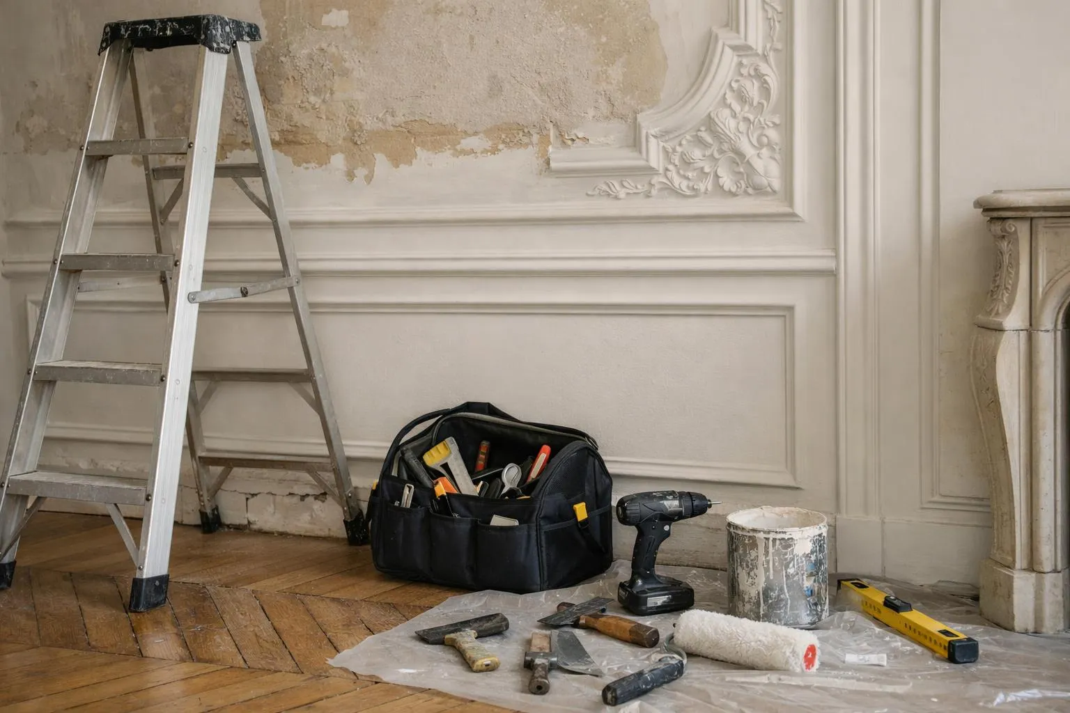 Intérieur d'appartement parisien haussmannien en cours de rénovation, murs préparés pour isolation intérieure, échelle et outils professionnels au sol, couple propriétaire entre 35 et 50 ans discutant avec cahier de devis à la main, lumière naturelle par grande fenêtre, ambiance confiante et professionnelle, style photo réaliste éditorial, couleurs neutres beige et gris clair, aucun texte visible