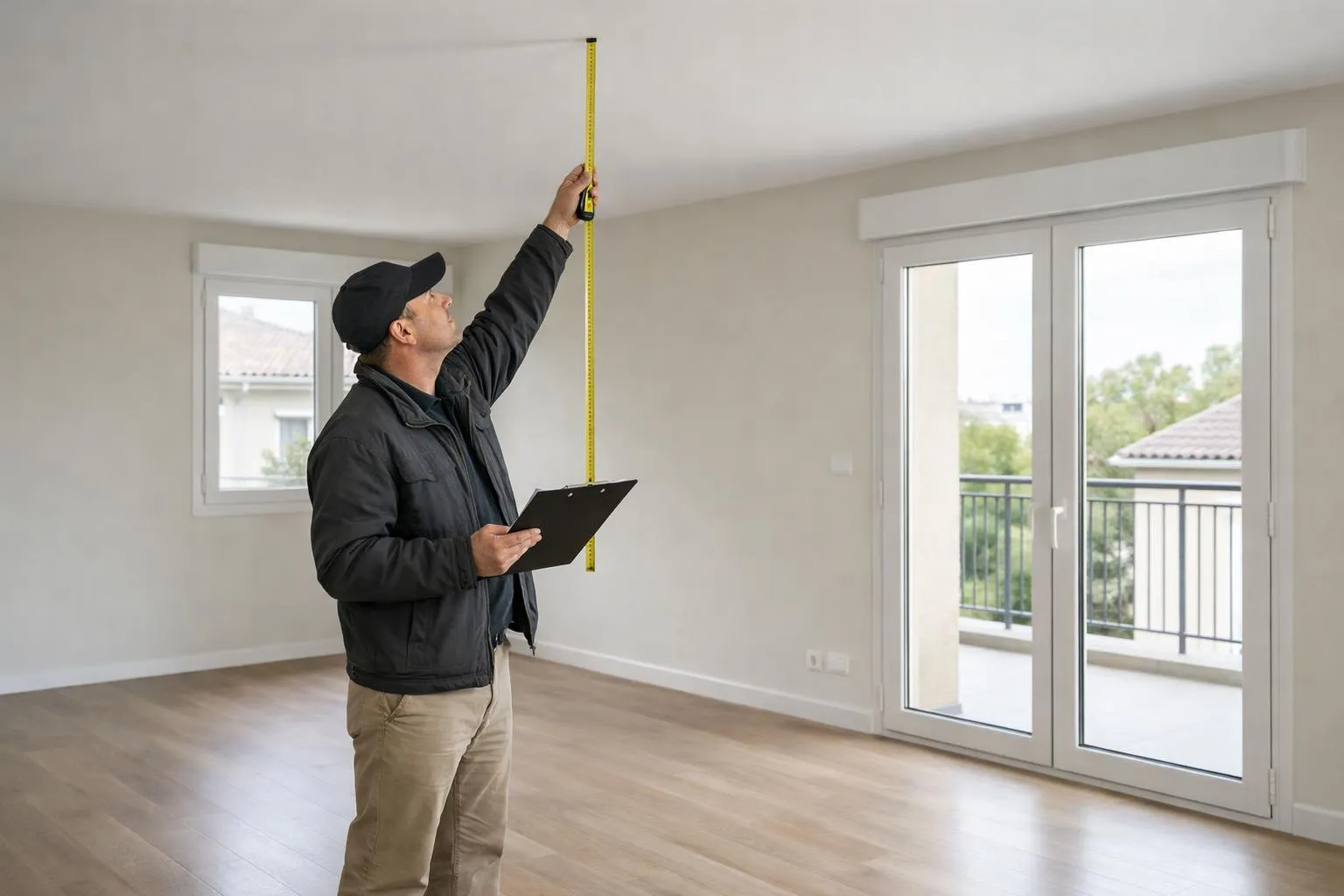 Homme mesurant la hauteur d'une pièce avec un ruban à mesurer.