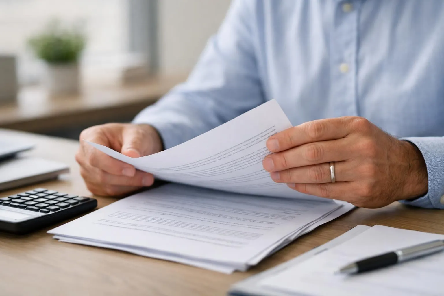 Homme d'affaires examinant attentivement des documents sur son bureau.