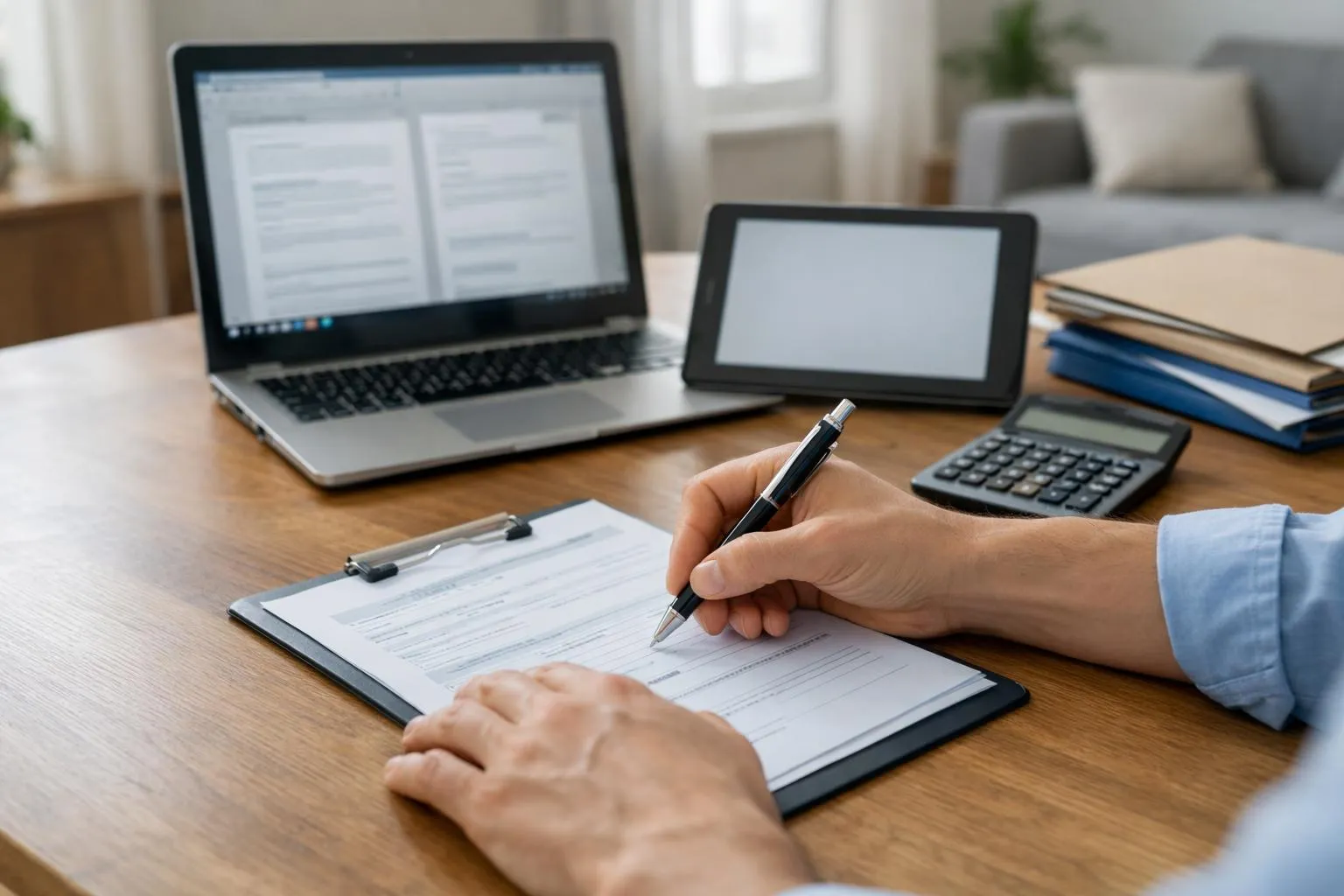 Ordinateur portable, tablette, calculatrice et documents sur un bureau en bois.