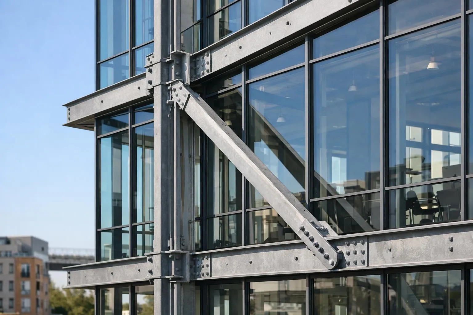 Structure métallique de soutien d'un bâtiment en verre.