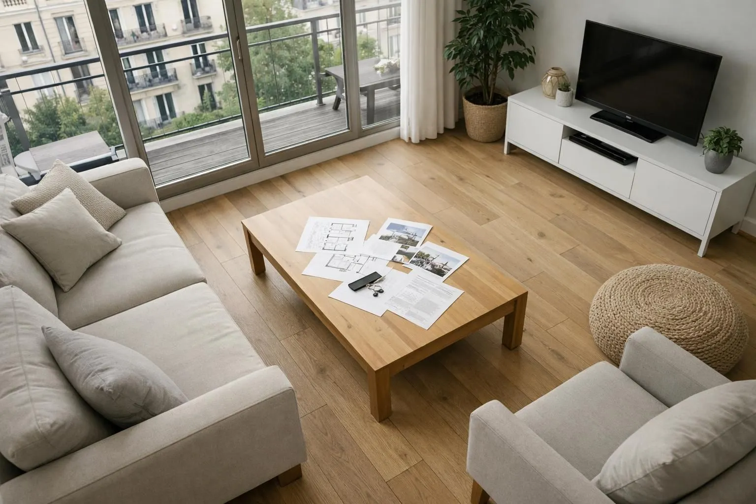 Appartement familial moderne avec grandes fenêtres donnant sur une rue arborée calme de l