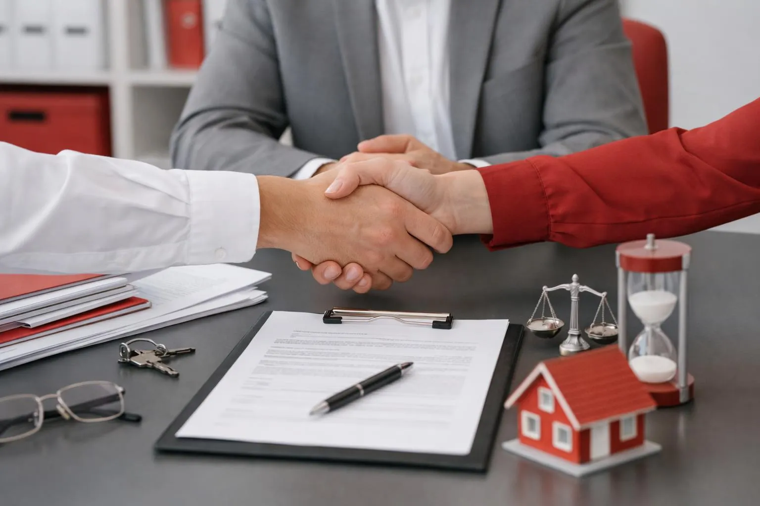 Two individuals shaking hands over a desk with legal documents.
