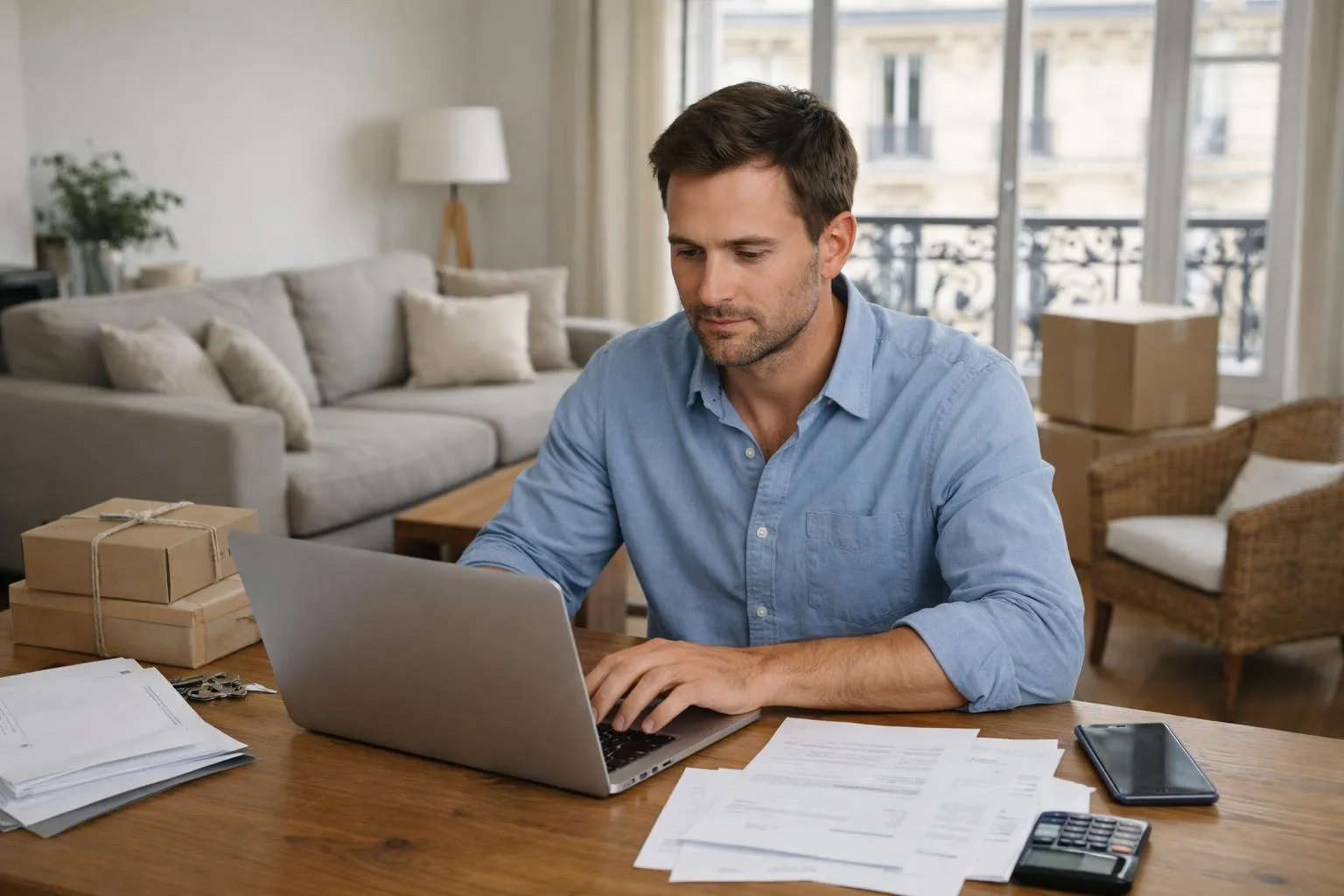 Intérieur moderne d'appartement parisien avec une personne entre 30 et 45 ans assise à un bureau, consultant un ordinateur portable pour compléter des démarches déménagement changement adresse edf en ligne, documents de contrat électricité et factures visibles sur la table, smartphone à côté, salon lumineux avec canapé beige en arrière-plan, lumière naturelle douce traversant une fenêtre, ambiance professionnelle et rassurante, style photo réaliste éditorial pour magazine immobilier.