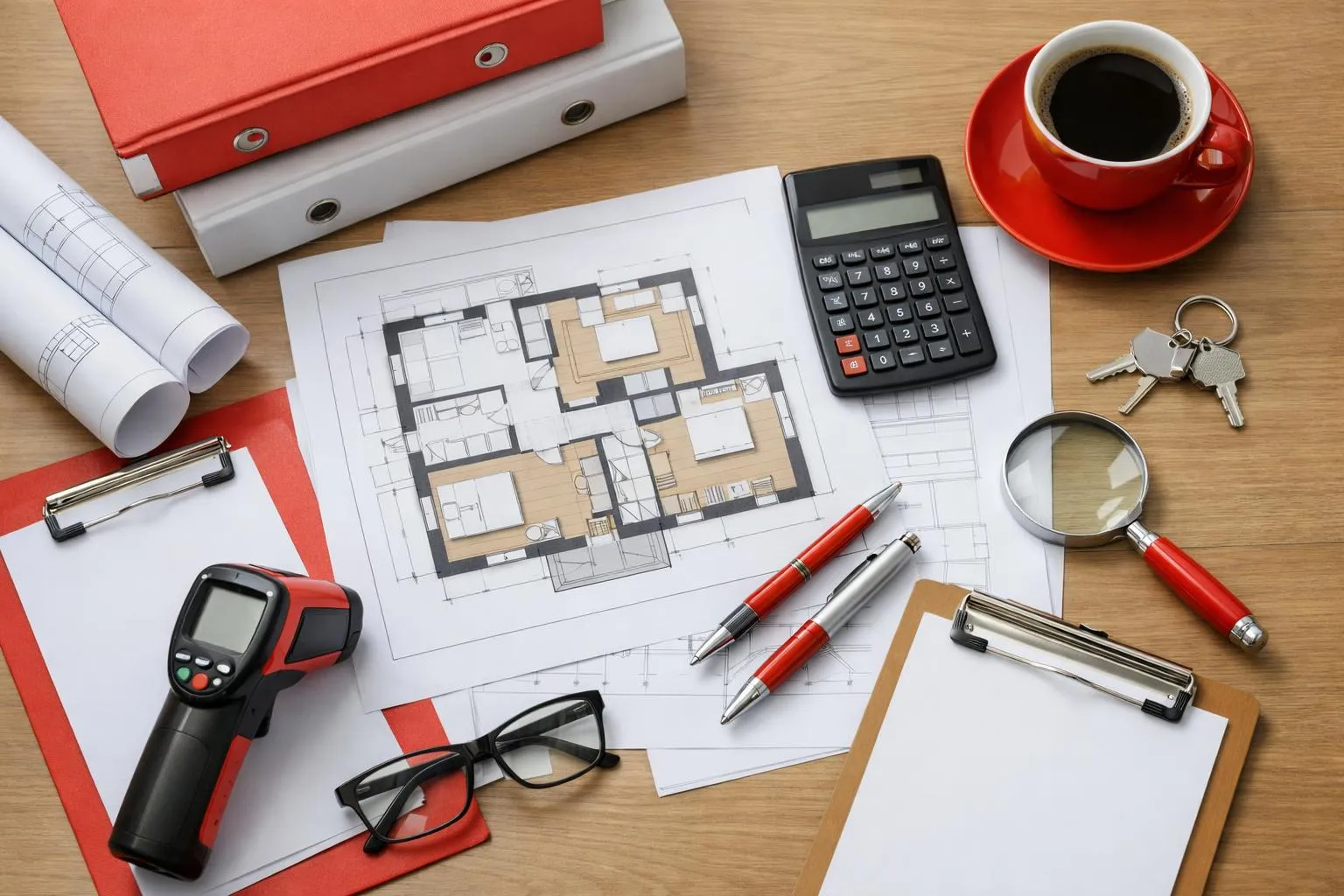 Architectural plans, calculator, coffee, office supplies, magnifying glass, keys.