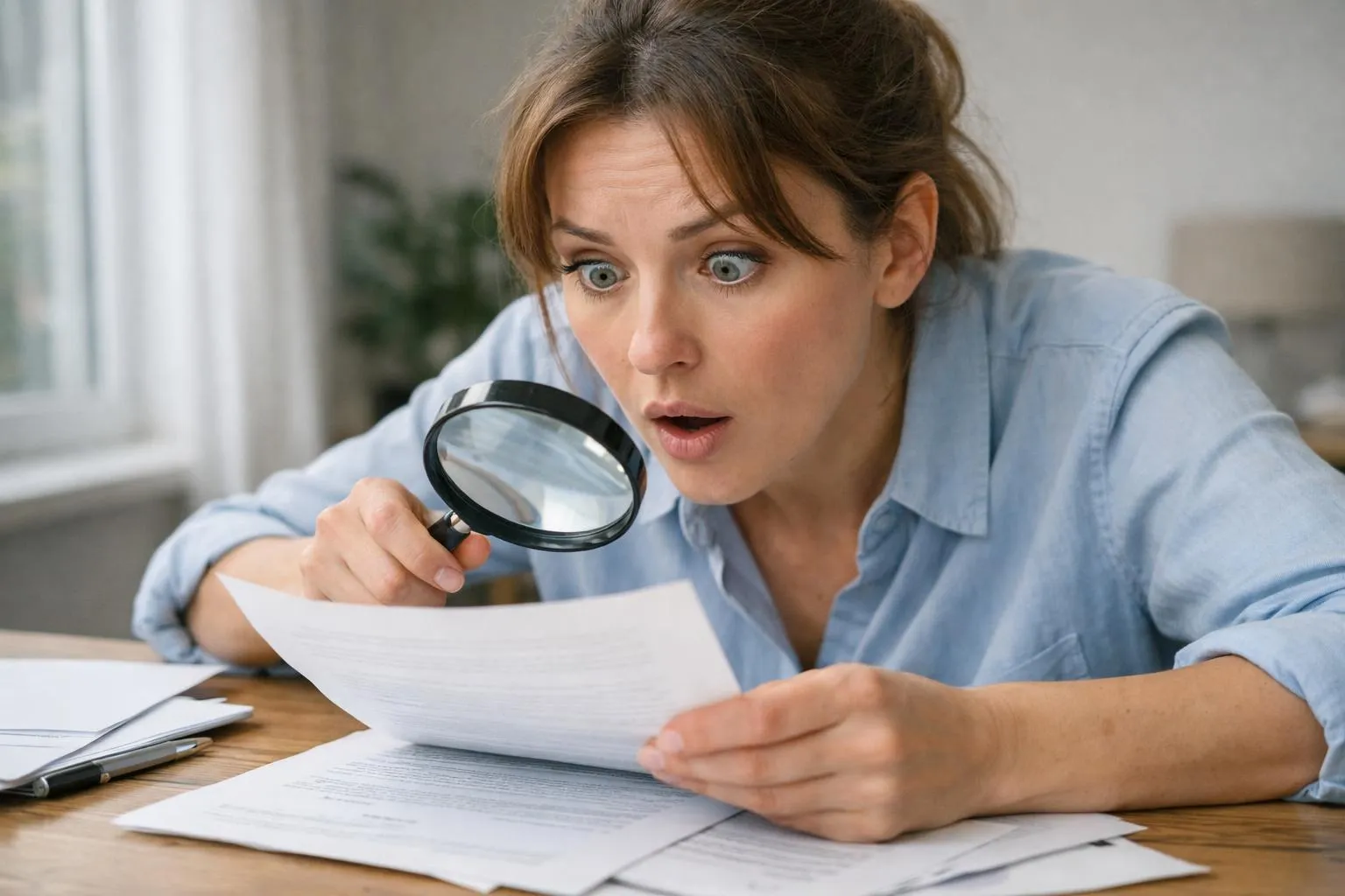 Intérieur d'appartement parisien haussmannien, locataire femme entre 30 et 40 ans assise à une table en bois clair, lisant attentivement un contrat de location avec loupe à la main, découvrant des clauses cachées, lumière naturelle d'une grande fenêtre, expression concentrée et légèrement surprise, documents et stylo sur la table, ambiance professionnelle et réaliste, couleurs neutres beige et blanc, pas de texte visible dans l'image