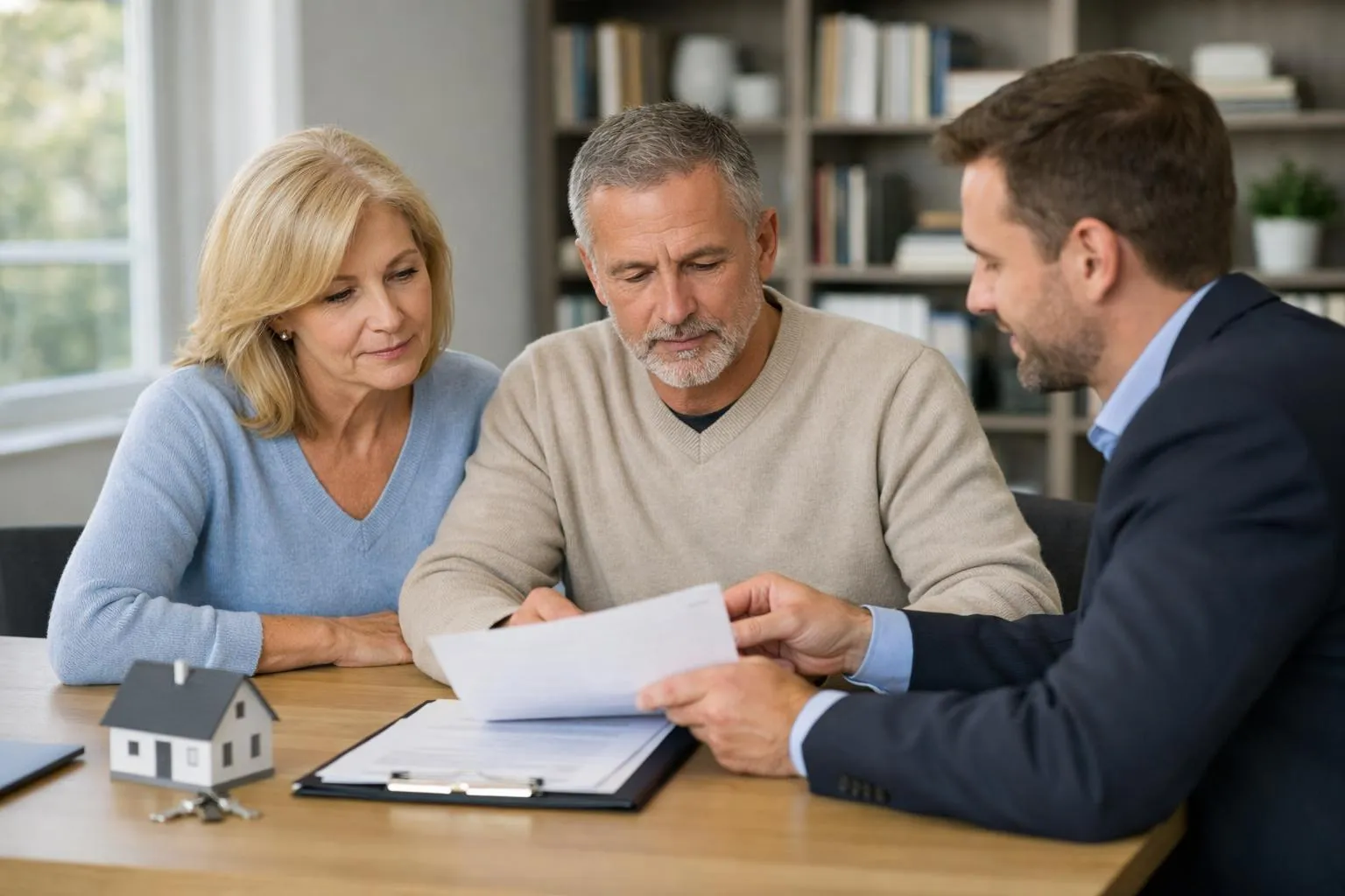 Couple mature dans la cinquantaine examinant attentivement des documents juridiques immobiliers avec un conseiller ou notaire dans un bureau lumineux, ambiance professionnelle et rassurante, décor sobre avec bibliothèque juridique en arrière-plan, lumière naturelle diffuse, scène réaliste illustrant la transmission patrimoniale et les démarches notariales en France, style éditorial magazine immobilier, aucun texte visible