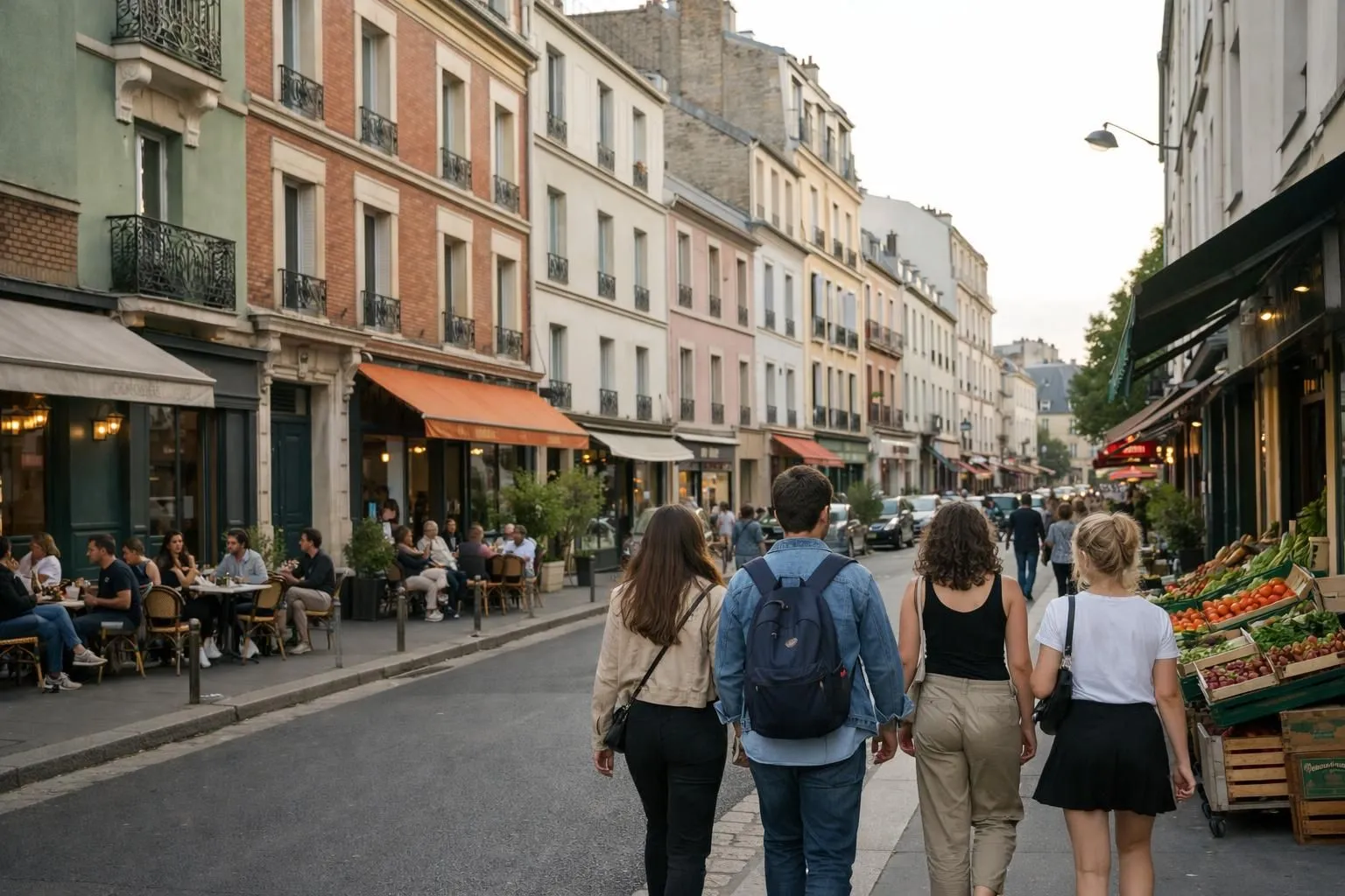 Rue animée du bas-Montreuil avec immeubles rénovés de style ancien, façades colorées, cafés et petits commerces, jeunes résidents marchant sur le trottoir, atmosphère urbaine dynamique et bohème, lumière naturelle en fin de journée, ambiance de quartier parisien en pleine transformation, photo réaliste éditoriale.