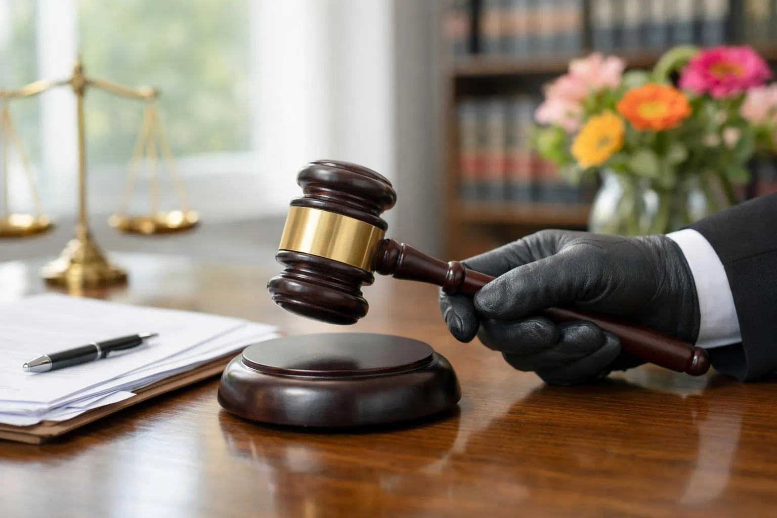 Gavel in hand, legal documents, scales of justice, flowers in vase.