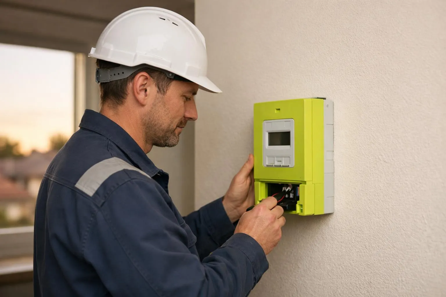 A construction worker installing a green electrical panel on a wall.