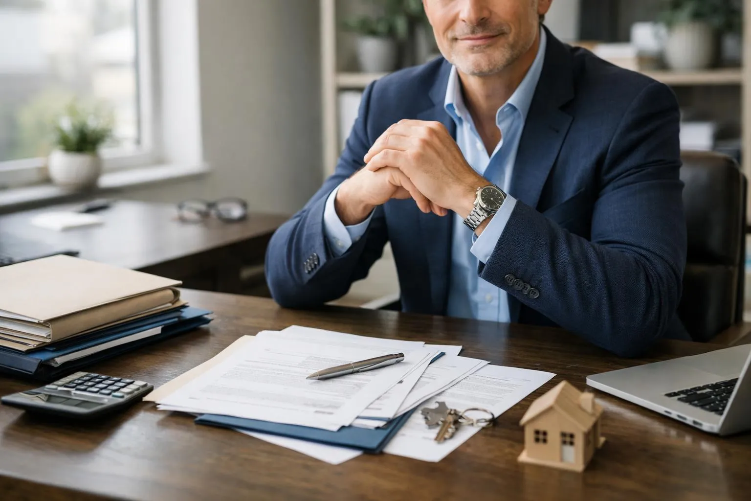 Professional investor in modern Parisian apartment reviewing tax optimization documents on wooden desk, calculator and rental property folders visible, natural light from window showing Haussmannian building exterior, confident expression, financial advisory concept