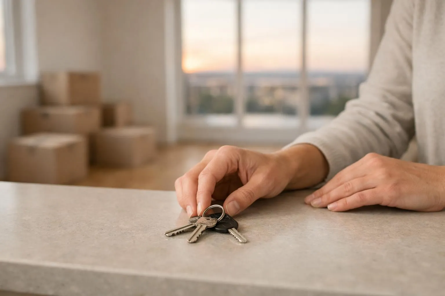 Hands holding house keys on a table, with moving boxes.