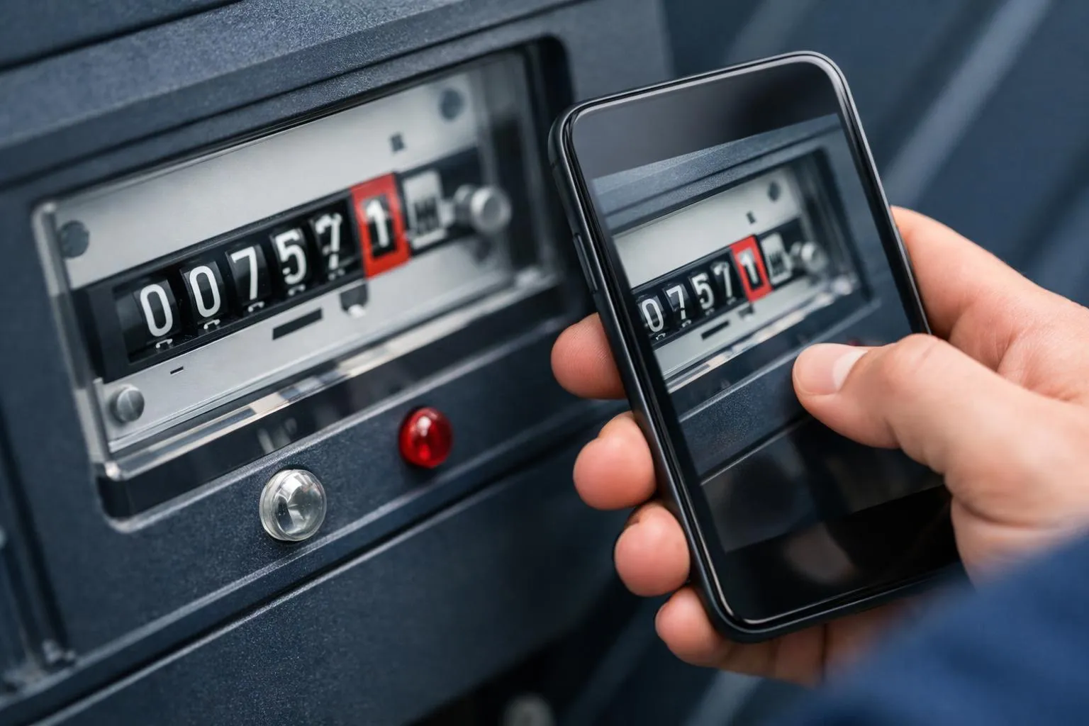 Analog meter displaying numbers, smartphone displaying similar numbers.