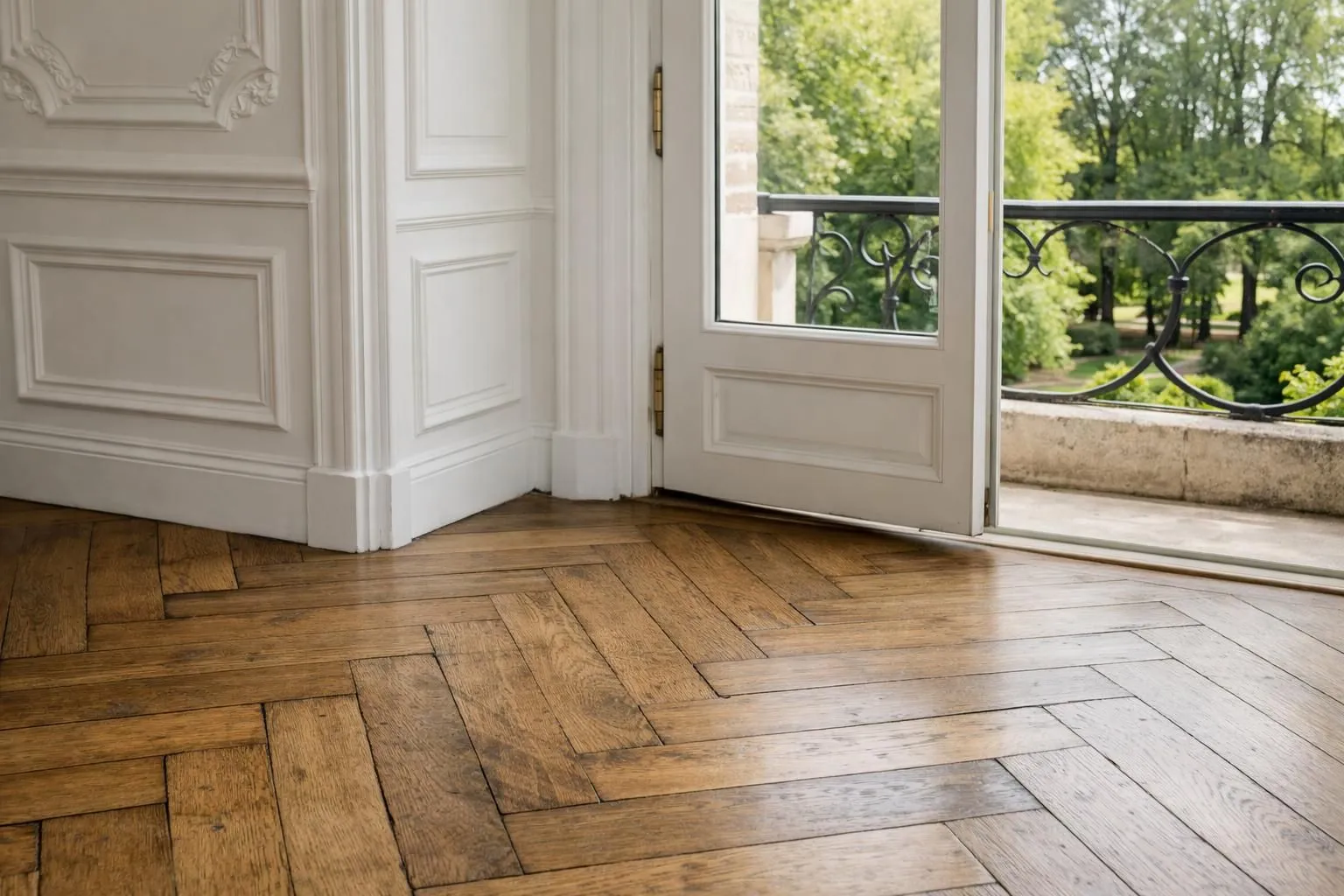 Appartement haussmannien lumineux à Versailles avec parquet ancien, moulures blanches, grandes fenêtres donnant sur jardin arboré, salon élégant avec fauteuils beiges et table basse, décoration raffinée, lumière naturelle douce, ambiance prestigieuse et sereine, photo réaliste sans texte