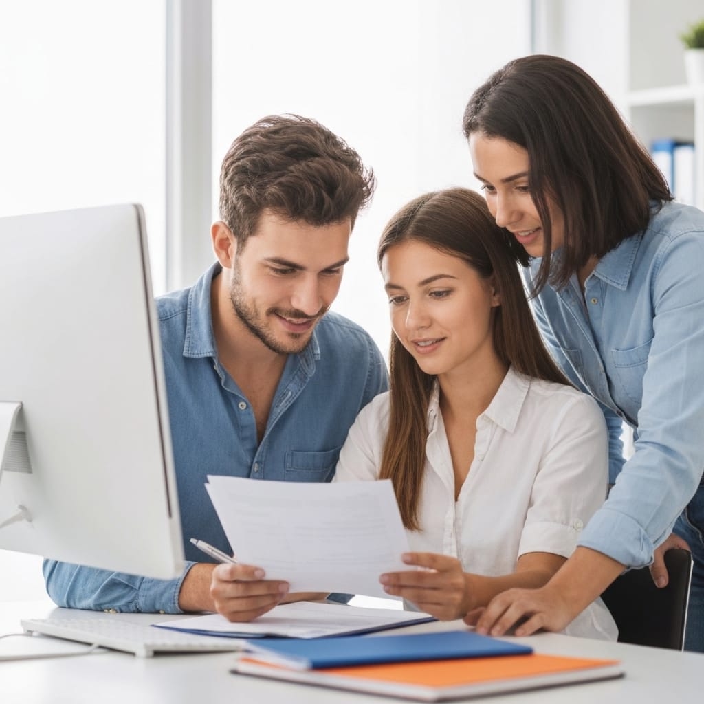 Jeune couple dans la trentaine rencontrant un conseiller immobilier, examinant des documents et un écran d'ordinateur présentant des annonces, bureau moderne lumineux avec plantes.