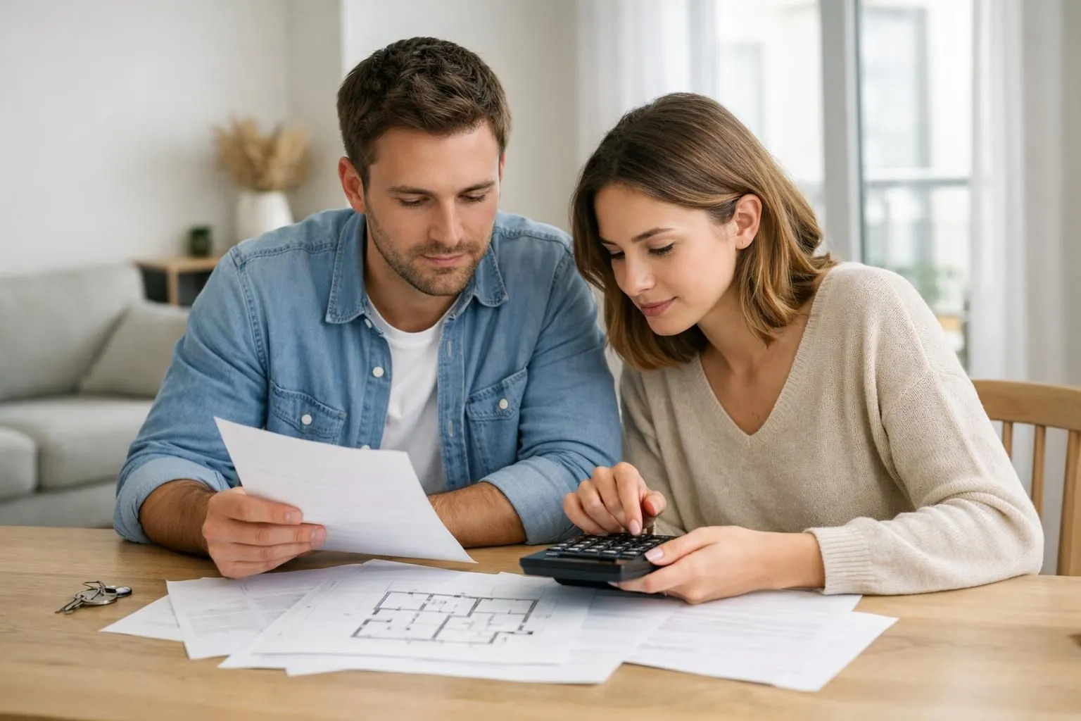Jeune couple français (30-40 ans) assis à une table de salon lumineux dans un appartement moderne, consultant ensemble des documents de prêt immobilier et utilisant une calculatrice, ordinateur portable ouvert montrant un tableau financier, expression concentrée mais confiante, lumière naturelle douce entrant par une grande fenêtre, décor épuré avec plantes vertes et étagères en bois clair, atmosphère rassurante d'un projet immobilier bien préparé, style photo réaliste éditoriale, couleurs neutres beige et blanc