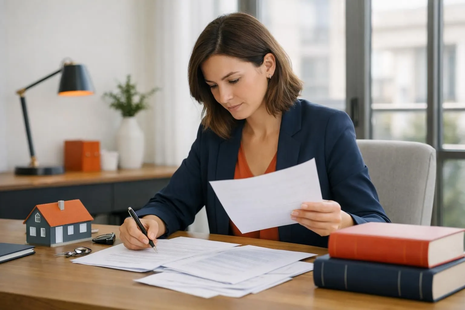 Un professionnel examine des documents juridiques sur les exigences de compte bancaire SCI dans un bureau moderne lumineux, des papiers d'immobilier civil et des codes juridiques français sont visibles, la lumière naturelle provient de grandes fenêtres, tons neutres, un cadre professionnel réaliste sans texte ni logo.